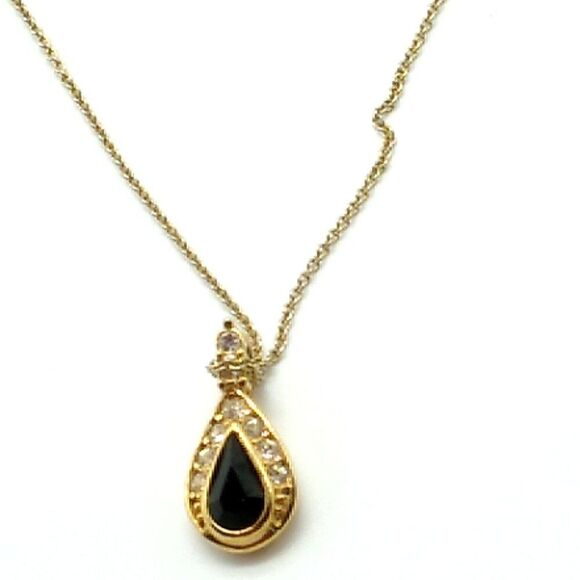VTG ROMAN Black Rhinestone Teardrop Surrounded by Crystals Pendant Necklace Sign - Picture 6 of 16